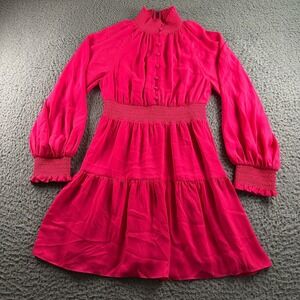 Alice + Olivia Lavinia Mini Dress Womens 0 Fuchsia Long Sleeve Smocked Tiered
